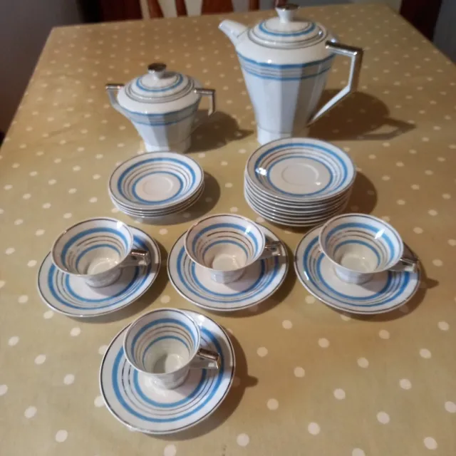 Limoges France Service à Cafe Porcelaine  modèle Art Deco 22 Pieces Bleu Blanc