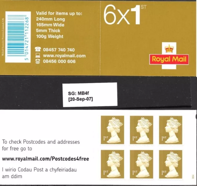 GB 2007 6 francobolli 1a classe, autoadesivi, libretto codici a barre. Walsall.S.G. MB4f