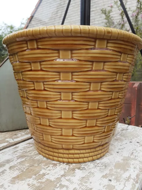 Ancien grand Cache Pot Sarreguemines Paille Rotin Vintage faïence barbotine