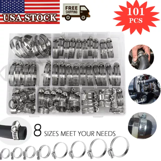 101pcs Adjustable Hose Clamps Worm Gear Stainless Steel Clamp Assortment 8 Sizes