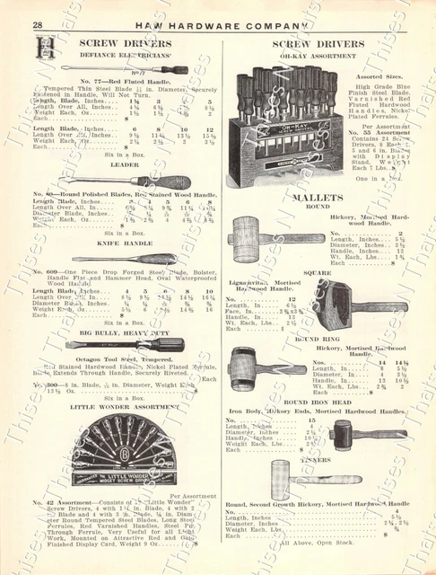 Vtg Paper Ad 20s Hardware Screw Drivers Mallets Assorted Sizes Materials Brands
