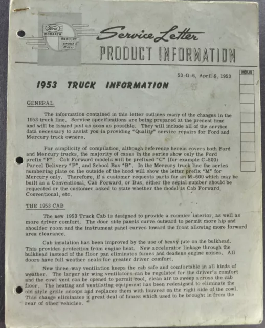 1953 Ford-Mercury Truck Service Bulletin Pickup Panel Stake Original 53 Canadian