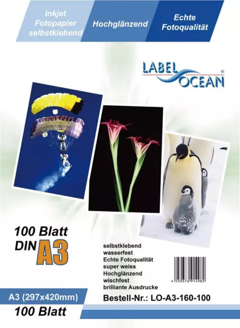 100 Blatt A3 selbstklebend Fotopapier Hochglanz+wasserfest von LabelOcean