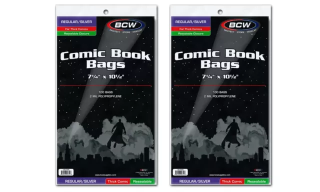 200 Bcw Regular/Silver Thick Resealable Comic Book Bags 7 1/4"X10 1/2" (2 Packs)