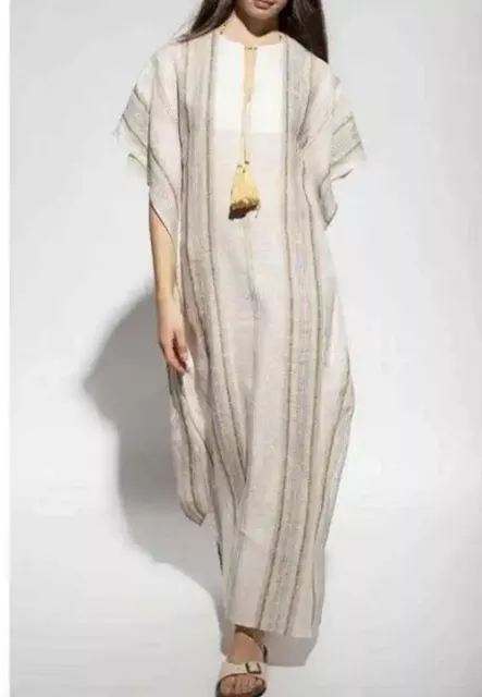 Tory Burch NWT French Cream Multi Stripe Linen Caftan Small