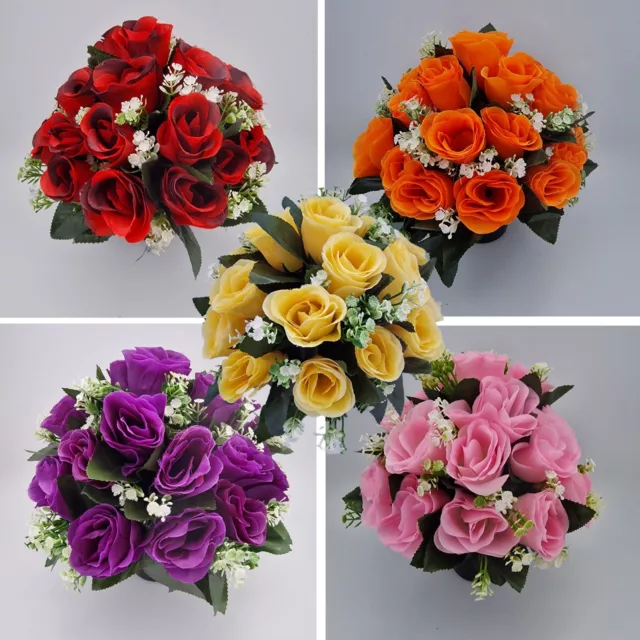 Artificial/Silk flower Grave Arrangement in Memorial Crem pot - 24 Rose Heads