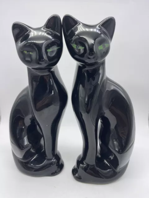 2 - 10.5” MCM Black Cat Ceramic Statues With Green Slanted Eyes, Sleek!
