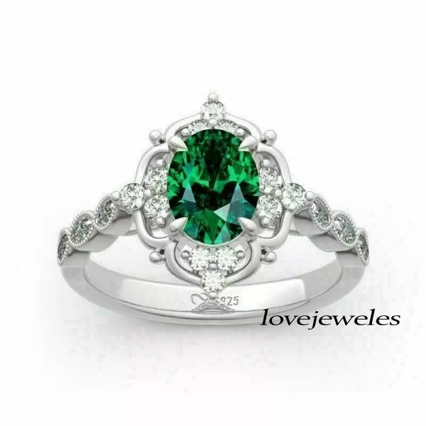 2CT Oval Cut Real Green Emerald Engagement Wedding Halo Ring 14K White Gold Over