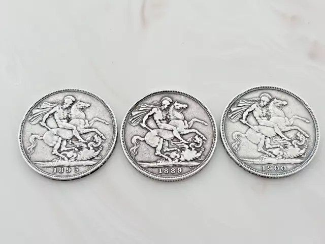 Collection of 3 Good condition Victorian Silver Crown Coins (1889, 1893, 1900)