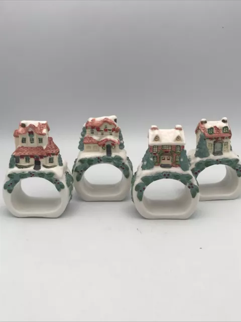 Set Of 4 Pfaltzgraff Winterberry 3D Cottage House Napkin Holder Rings