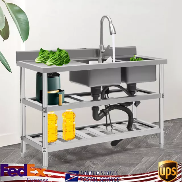 3 Tier Commercial Utility Prep Sink Stainless Steel 2 Compartment Basins Faucet