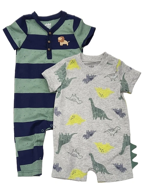 Carters Infant Boys Blue & Green Lion & Dinosaur 2-Piece Romper Set 12m