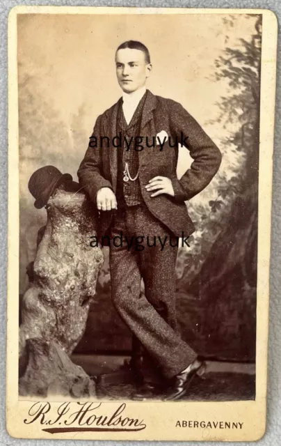 Cdv Handsome Young Man Bowler Hat Abergavenny Houlson Antique Photo