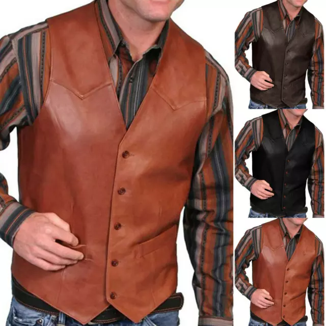 Men's Retro V-neck Solid Pocket With Button Traditional Leather Vest Waistcoat