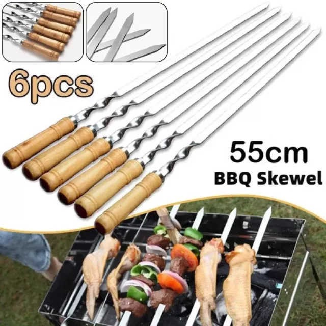 Flat Kebab Skewers Stainless Steel BBQ Tools Meat Stick Barbecue Wooden Handle