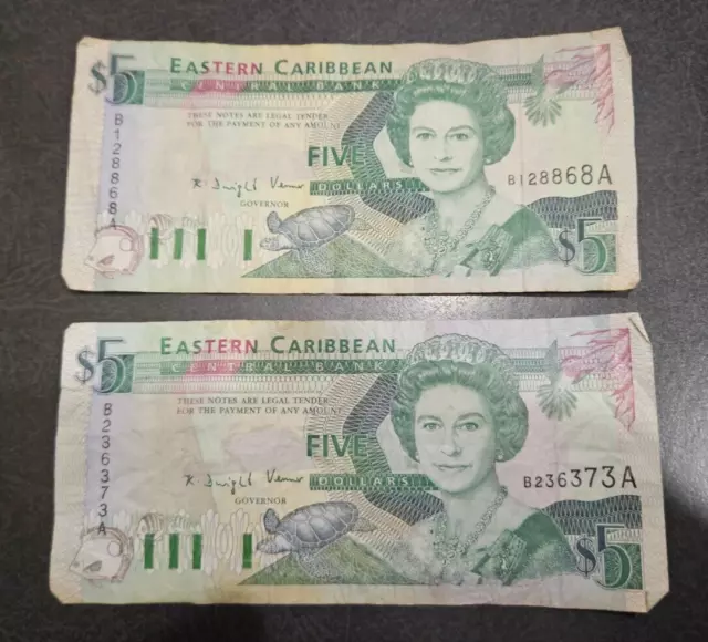 2 EAST CARIBBEAN $5 Dollars central bank notes see photos