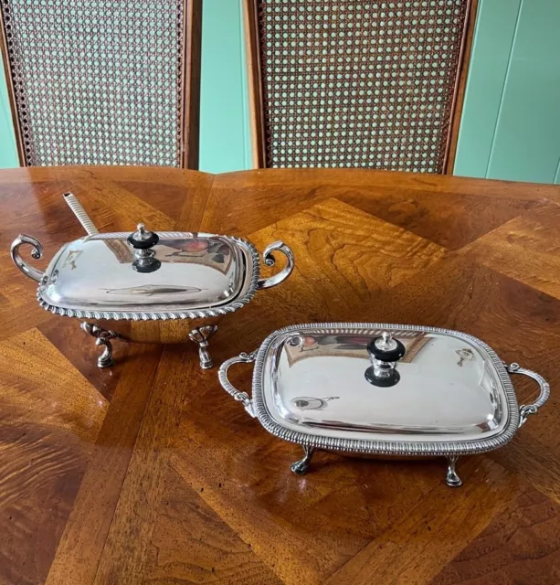 Vintage Set of 2 Elegant English Silver Plated Entrée Dishes, Mid-19th Century