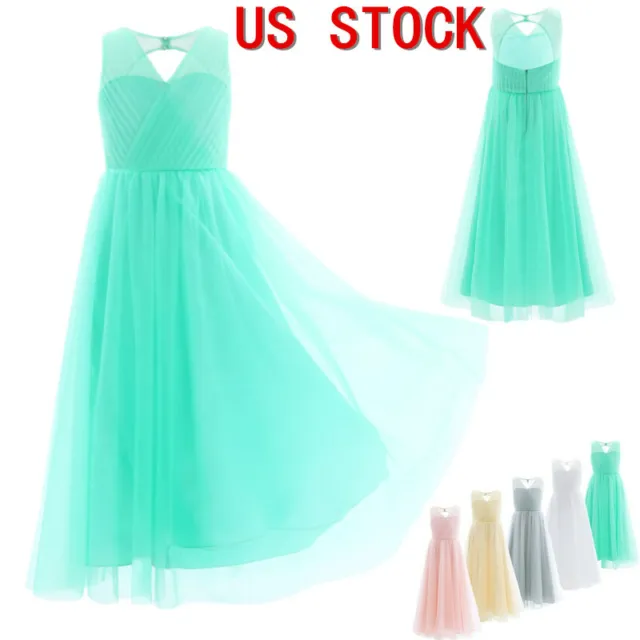 US 4-16 Girl Flowy Chiffon Tulle Dress Elegant Bridesmaid Dress Cutout Back Gown