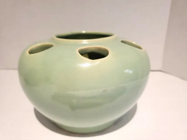Vintage Pottery Flower Frog Vase Pot Planter Green 7 Holes 4 1/2" tall