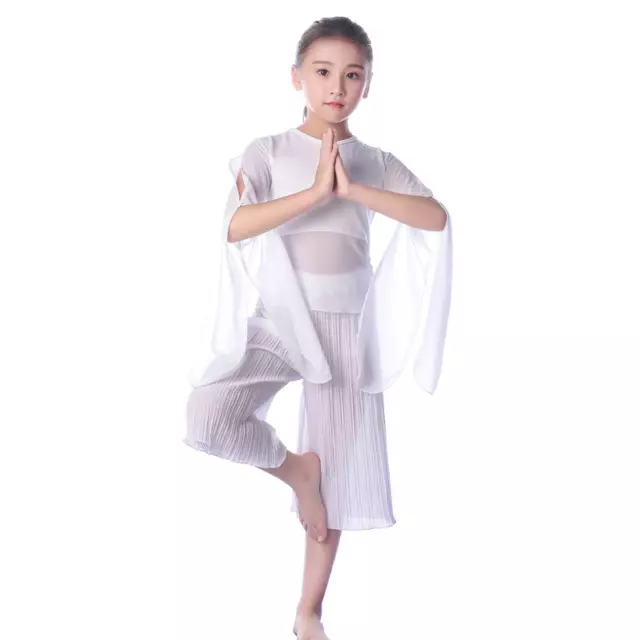 Girls 2 Piece Dance Outfits Ballet Yoga Top Chiffon Pants Set Practice  Costume
