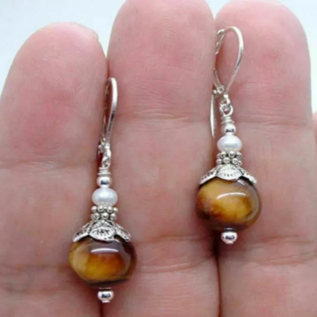 10mm natural brown round Tiger Eye White Pearl 925 silver earrings Accessories