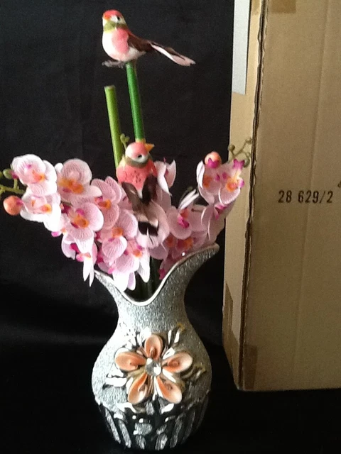 Edle Vase Silber Keramik mit Kunstblumen Orchideen & Vögelchen 40 cm h NEU & OVP