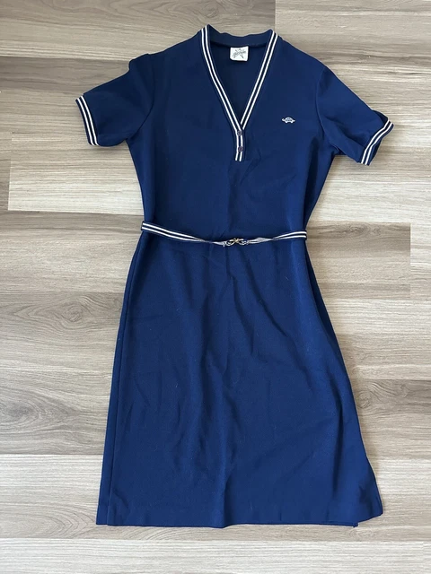 Vintage 70s 80s Star Shine Navy Blue Mod Retro Belted Dress
