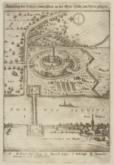 Kellerei + BURG zum STEIN Orig. Merian Kupferstich um 1645 WORMS Rheindürkheim 3