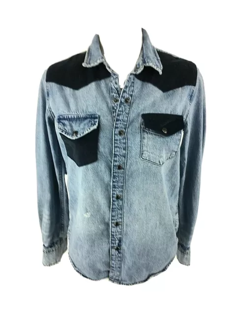 NWT $99 Lucky Brand Women's Remade Denim Button Western Shirt Mixed Blue  Gulf XS