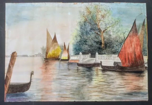 Original Watercolor Painting Venice? Italian? Boats gondolas sailboats aquarelle