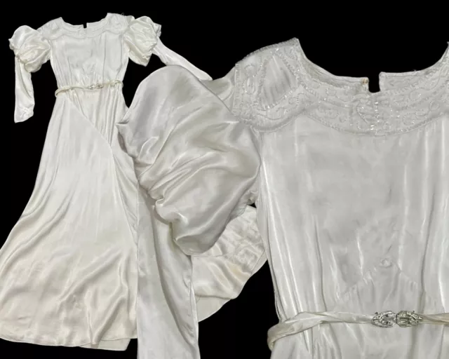 VINTAGE 1930S LIQUID Satin Bias Cut Wedding Dress Beaded Juliet Sleeve ...