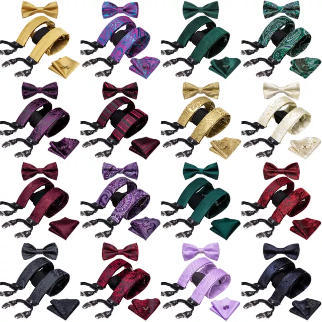 Mens Suspenders Silk Green Adjustable Bow Tie Set Elastic Braces Hanky Cufflinks