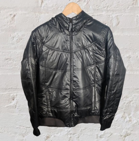 Reebok Puffer Puffa Shiny Black Hooded Jacket Coat - Size Small to Medium