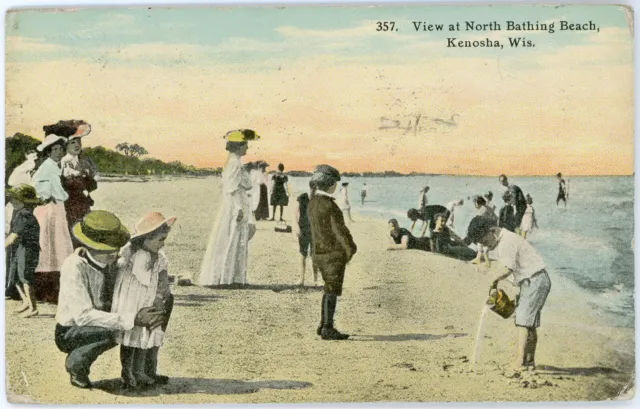 Antique 1911 Postcard Edwardians on Shore View of North Bathing Beach Kenosha WI