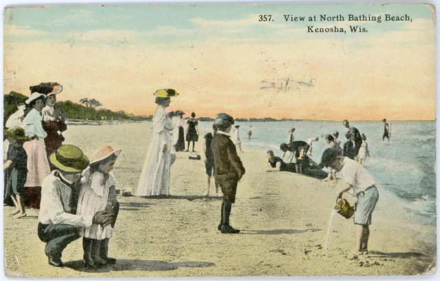 Antique 1911 Postcard Edwardians on Shore View of North Bathing Beach Kenosha WI