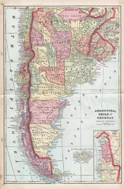 1898 Antique Cram Atlas Map Of Argentina, Chile, & Uruguay-Excellent Detail