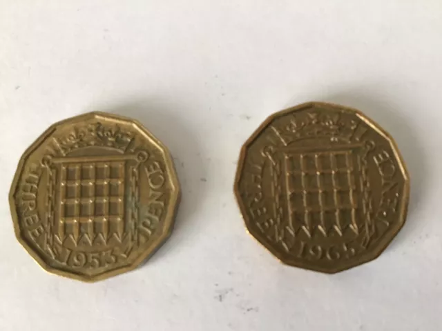 QE2 3d Three Pence coins, 2 off. Condition circulated Yrs 1953 & 1965.