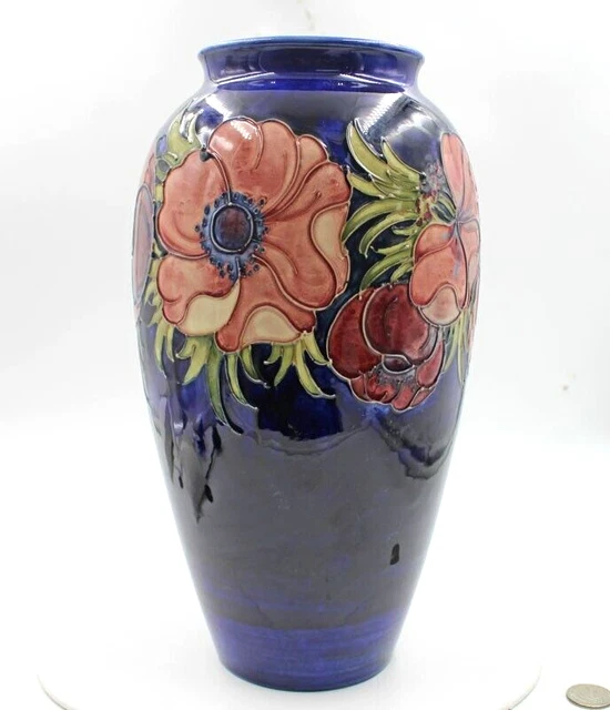 Large English Moorcroft Art Pottery Vase Red Poppies 12 1/2"