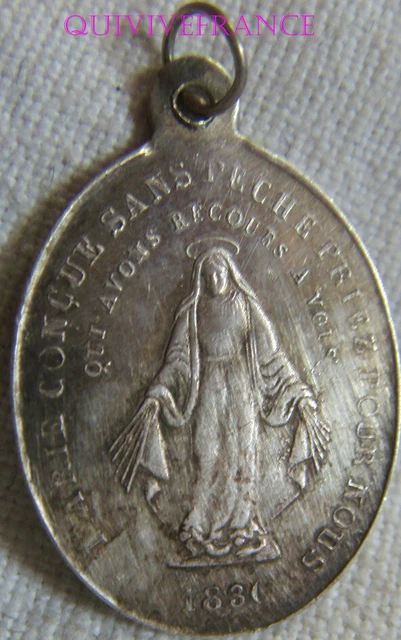Q8647 Médaille O Marie Concue Sans Pêché 1830 Priez 2 coeurs Argenté