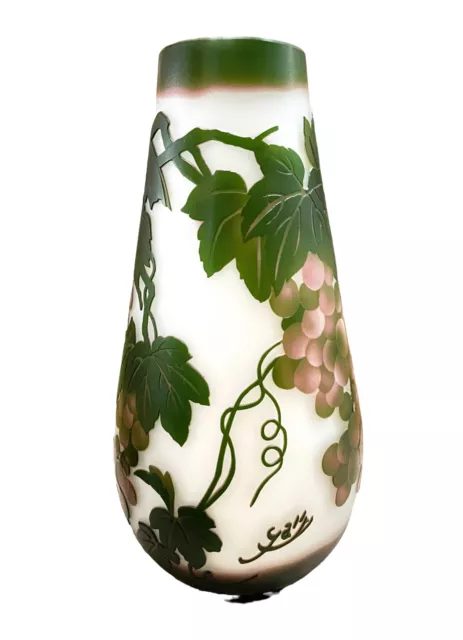 Vintage EMILE GALLE Reproduction Cameo Glass 10" Vase Grapes & Grasshopper; Mint