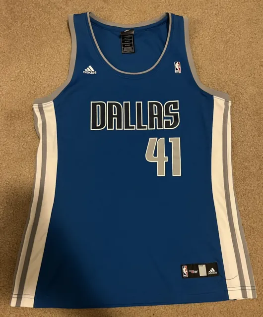 Sz M Womens Adidas NBA 4her Dallas Mavericks Dirk Nowitzki White Gold Jersey