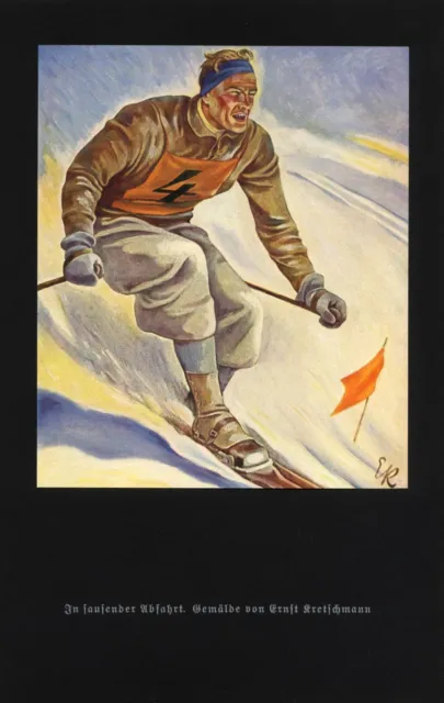 Skiabfahrt Kunstdruck 1935 von Ernst Kretschmann Skirennen Abfahrt Ski fahren