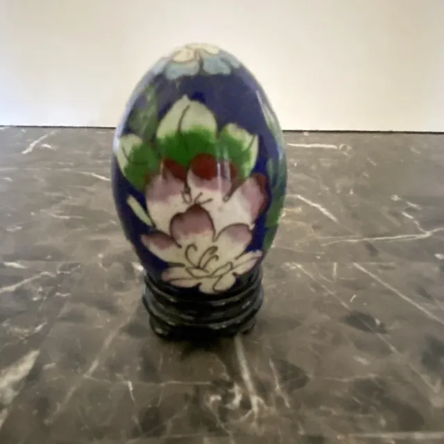 Vintage Cloisonne Porcelain Enamel Chinese Art Egg with Wood Stand Box