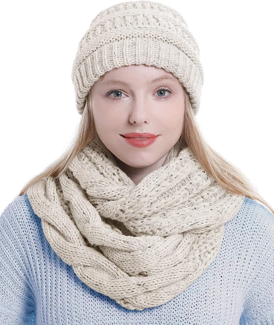 Bufanda Y Gorro Tejidos De Punto Beanie Cuellera De Mujer Invierno Color Beige