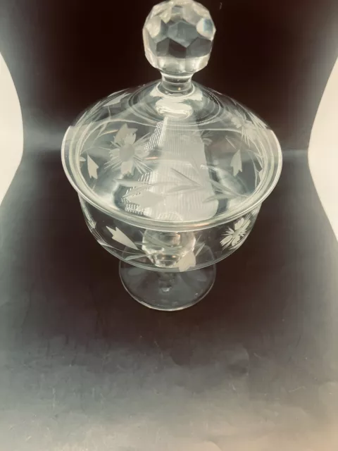 Pedestal Compote With Lid Etched Crystal Footed Clear Glass Fruit Nut Candy Bowl 2