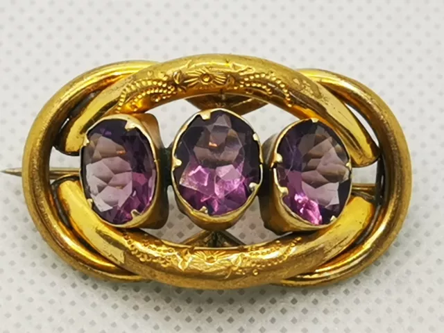 Victorian Antique Pinchbeck Oval Faceted Faux Amethyst Stones Knot Brooch Pin