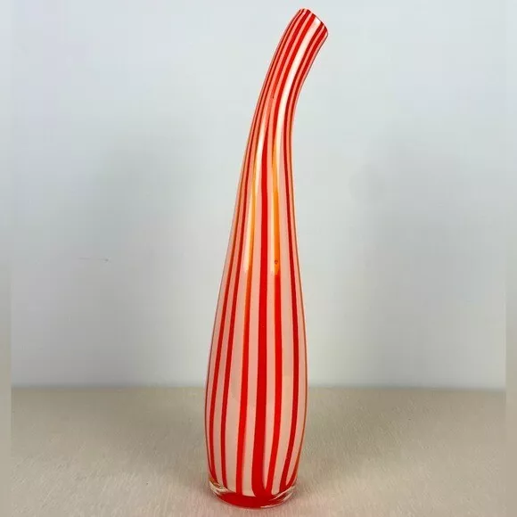 Murano-Style Vase Handblown Striped Art Glass Candy-Cane Stripe Cased Gooseneck