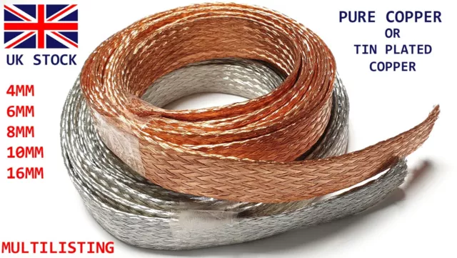 4-16mm Flat Pure Copper or Tin Plated Copper Braid Cable Bare Wire Ground Lead