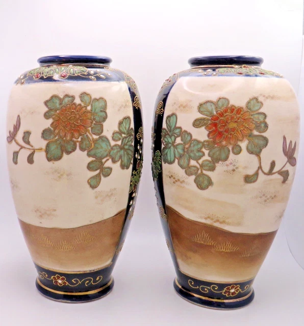 PAIR ANTIQUE LATE 19th Century Japanese Satsuma Moriage Vases Signed