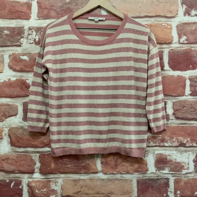 Ann Taylor Loft Sweater Womens Medium Petite Pink Cream Striped Linen Blend